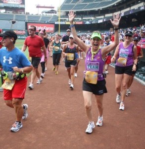 Running down the warning track in Anaheim Stadium